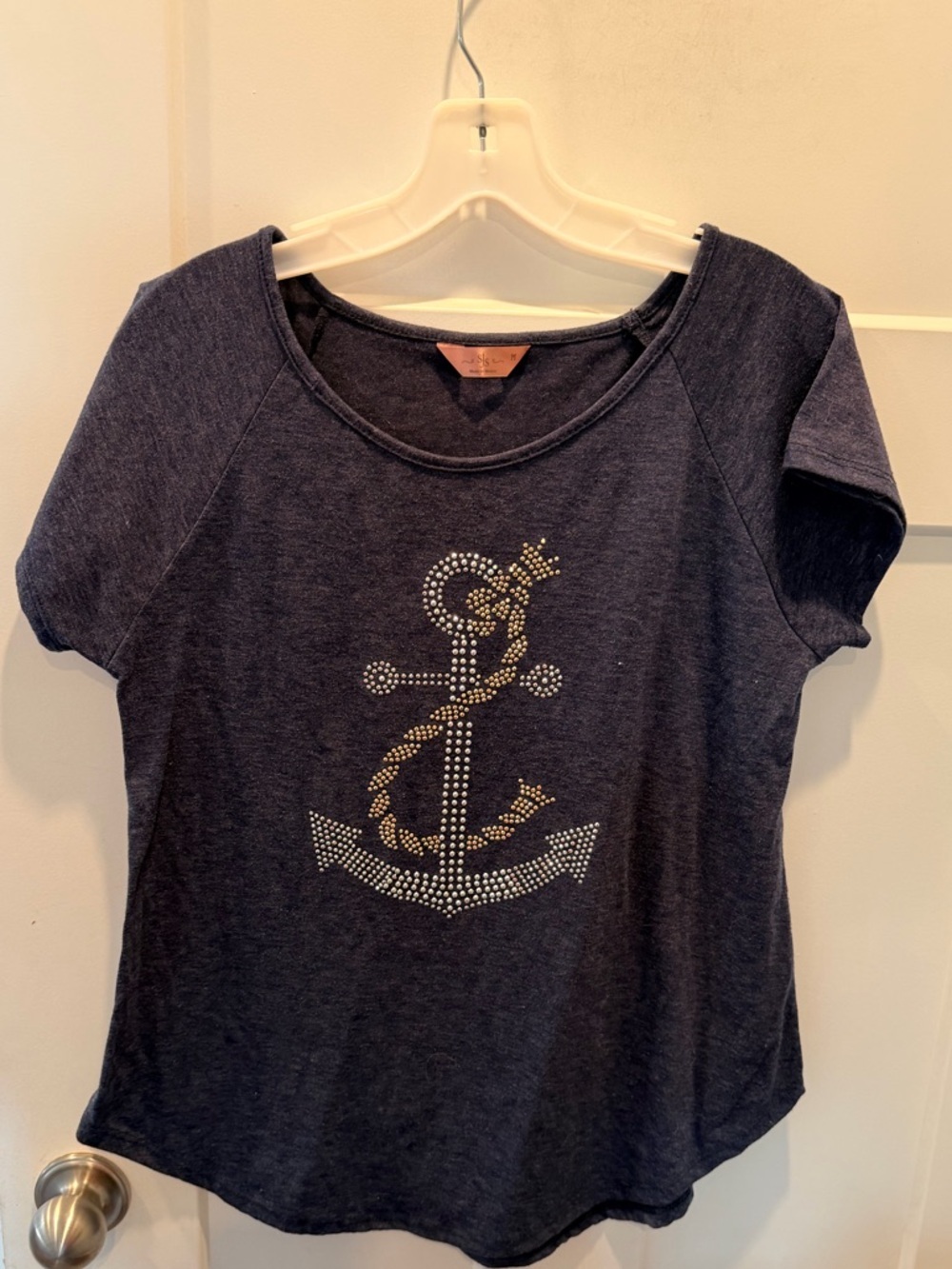 Nautical Anchor Rhinestone Tee Womens Medium Navy Blue Graphic Shirt Casual Top